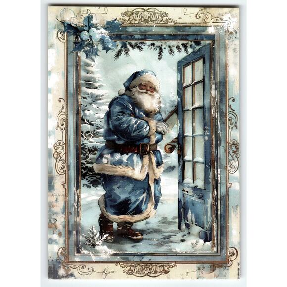 Vintage Blue Coat Santa Claus Christmas Lithograph Postcard 5.5x4 in Snow - Picture 1 of 2